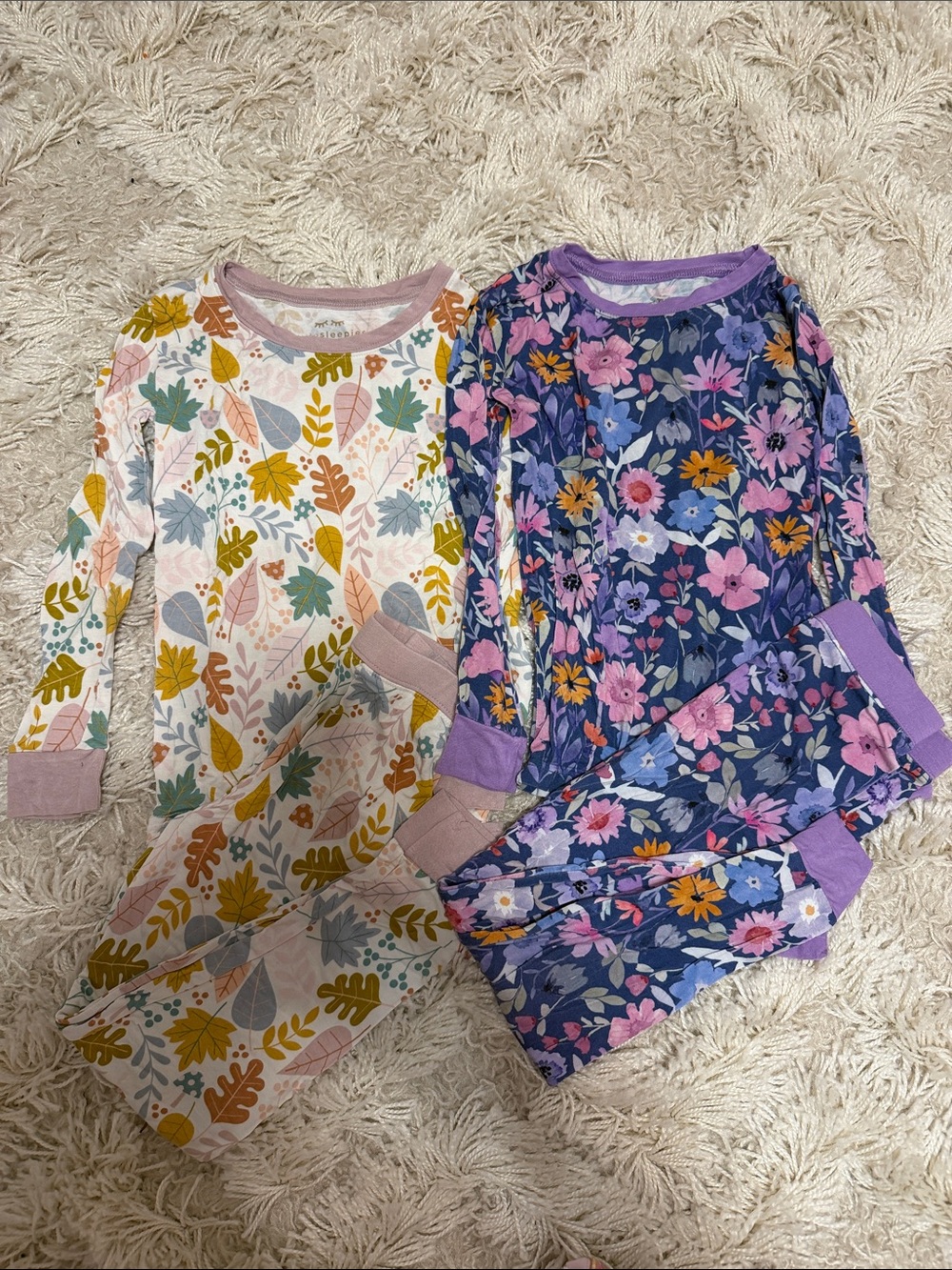 Little Sleepies Floral & Leaf Long Sleeve Pajama Set - Purple & Cream